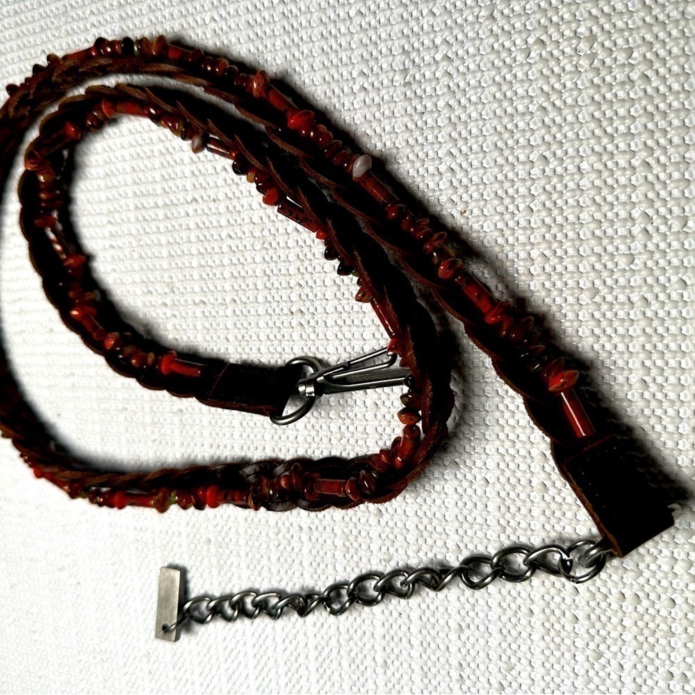 BELT Women Slim Leather Braided Beads & Chain 38-40 Adjustable Brown Hippie Boho